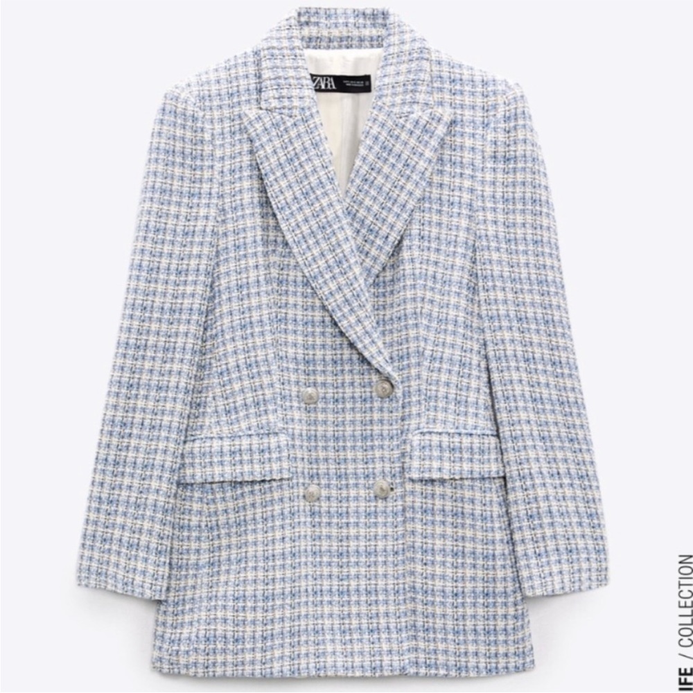 Zara textured double breasted tweed blue blazer